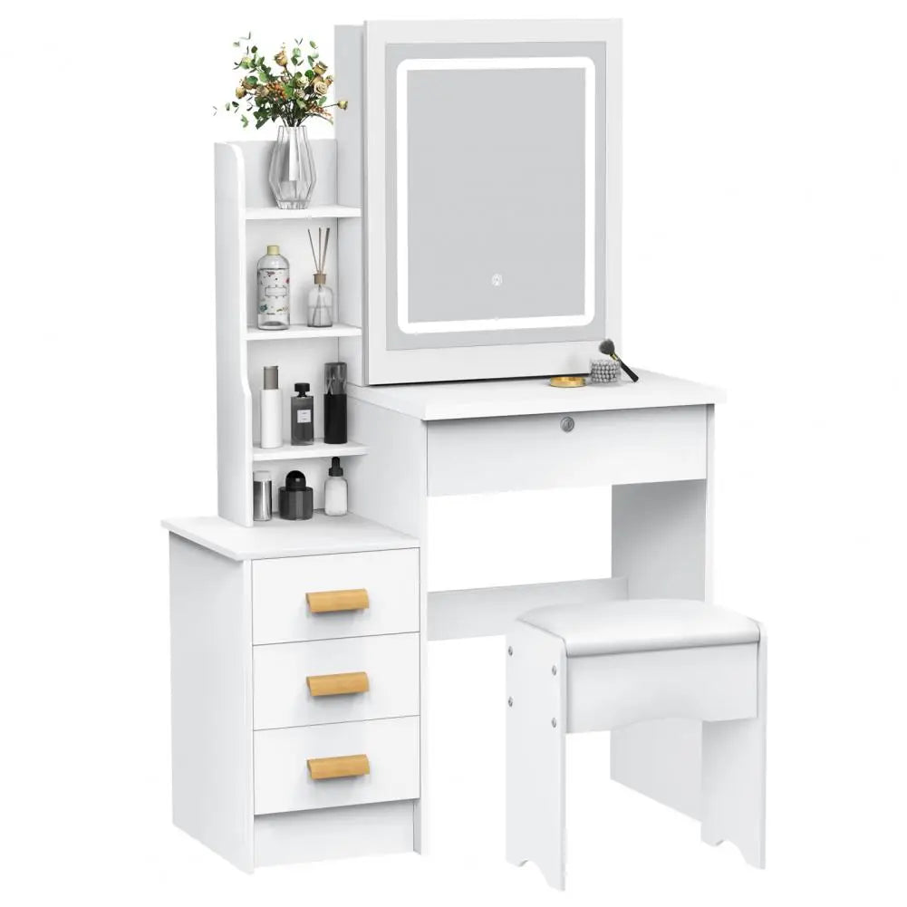 Bedroom Dressing Table Vanity Desk with Sliding Mirror and Lights Makeup Table with Hidden Storage Space