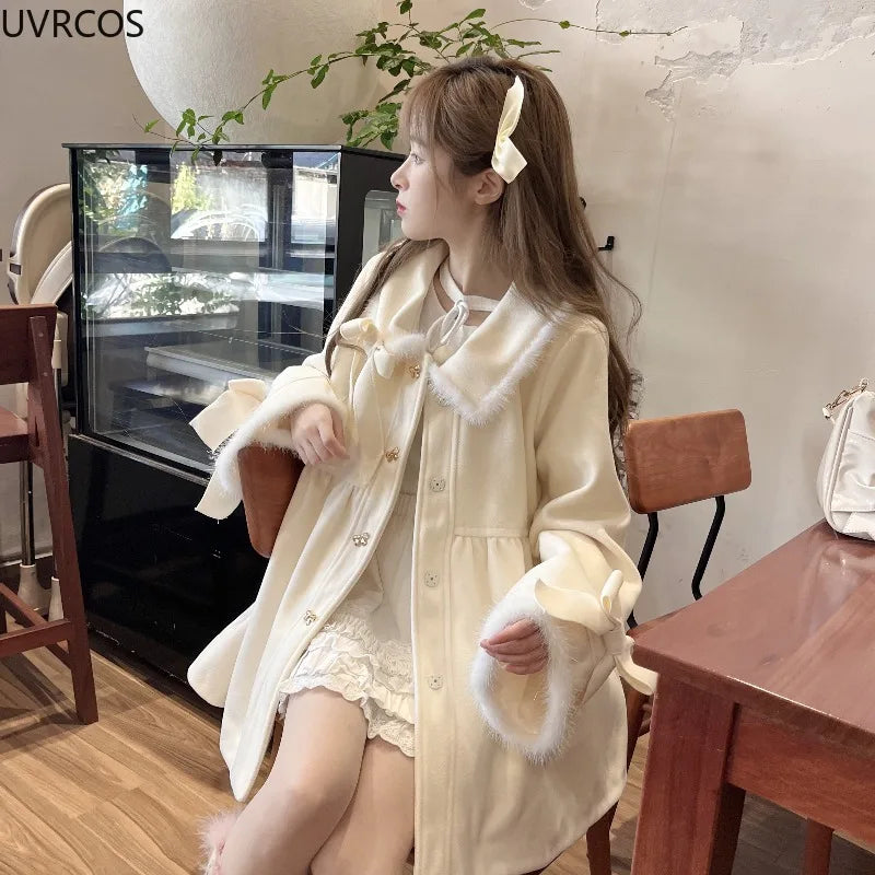 Japan Style Sweet Bow Lolita Woolen Coats Womem Winter Clothes 2024 Thickend Warm Outerwear Jacket Female Fashion Christmas Coat