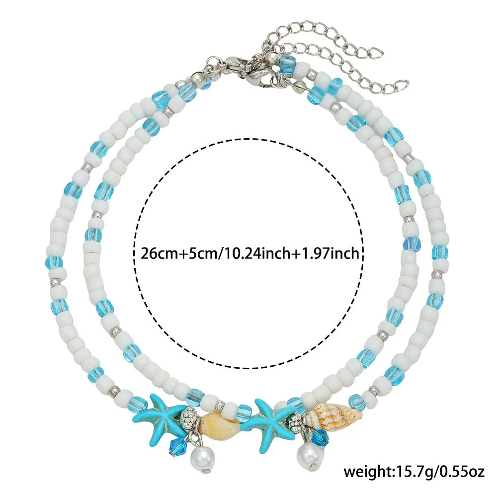 White Turquoise Beaded Chain Starfish Pendant Ankle Summer Bracelet Charm Sandals Barefoot Beach Foot Bridal Jewelry