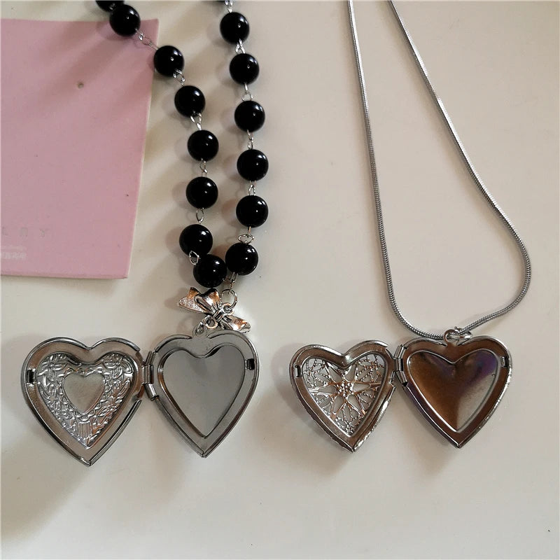 Goth Y2k Aesthetic Heart Locket Pendant Open Female Silver Color Stainless Steel Photo Frame Charm Necklace Women EMO Jewelry