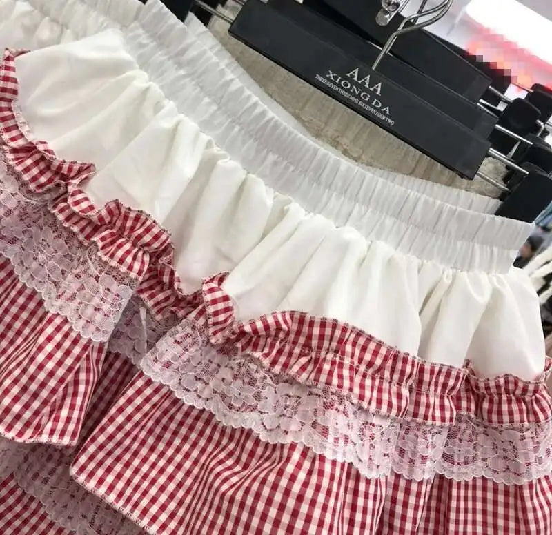 2025 Spring Summer Sweet Cute Lace Patchwork Plaid Cake Short Skirt With Shorts Womem Korean Japan Preppy Style Skirts