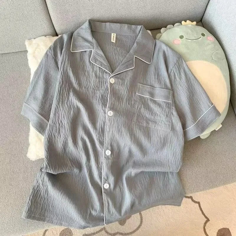 Youth Men's Slim Fit New Pajama Set Solid Color Short Sleeve Lapel Top and Elastic Shorts Pajamas Summer Loungewear Sleepwear
