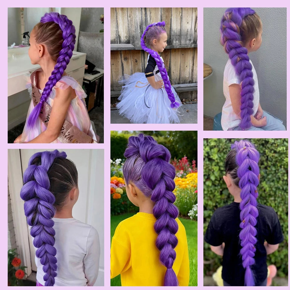 28inch Synthetic Hair Long Braided Purple Hair Ponytail Extensions Rumi Hairstyle Claw Clip Hair Wig for Kids for Chritmas Party