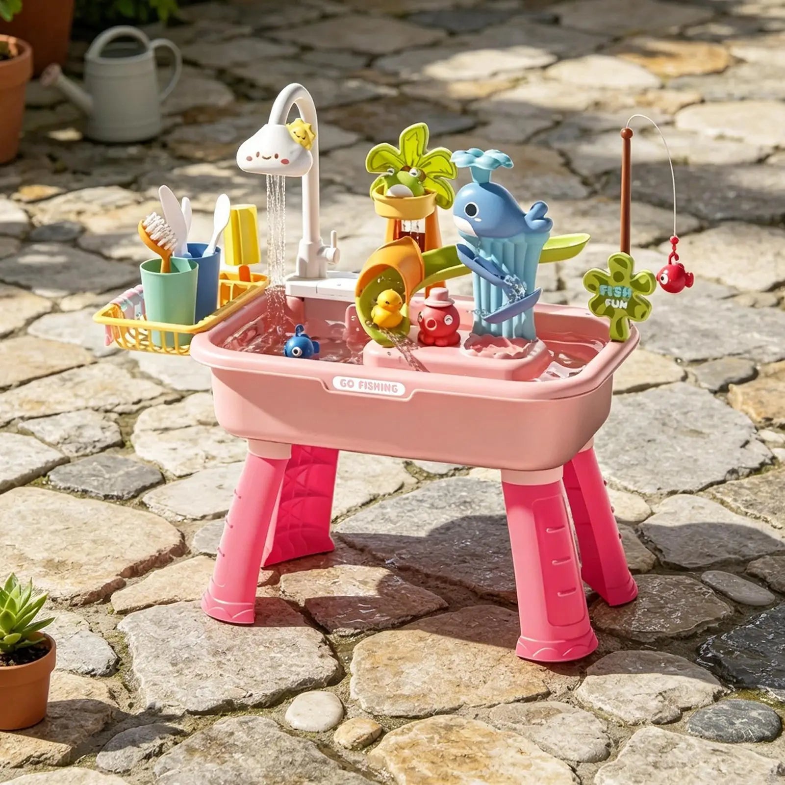 Kitchen Water table Sets with Pump,Tableware & Fishing Game for Kids,Children's Play Sink with Running Water & Electric Faucet