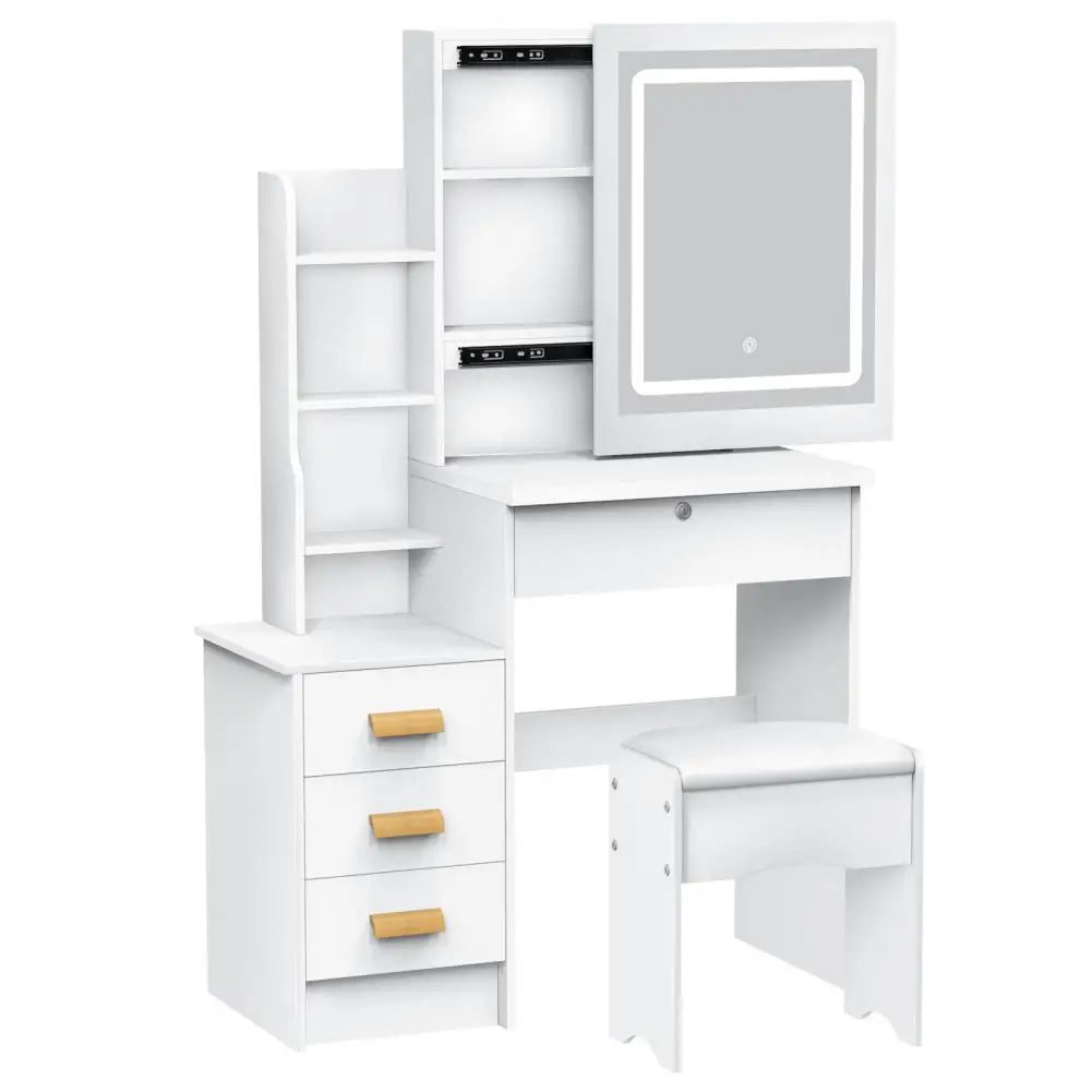 Bedroom Dressing Table Vanity Desk with Sliding Mirror and Lights Makeup Table with Hidden Storage Space