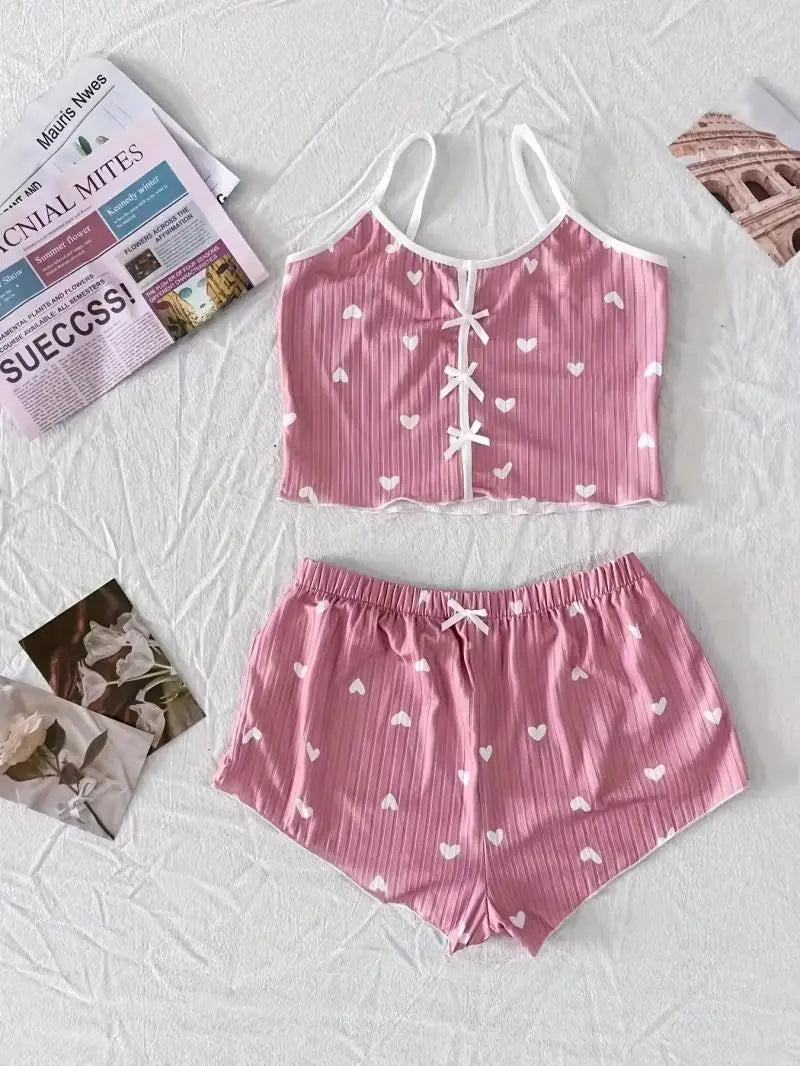 Sexy Sleepwear Women Pajamas Set Heart Print Silk Stain V-Neck Sleeveless Casual Cami Top and Shorts Sets Home Suit Loungewear