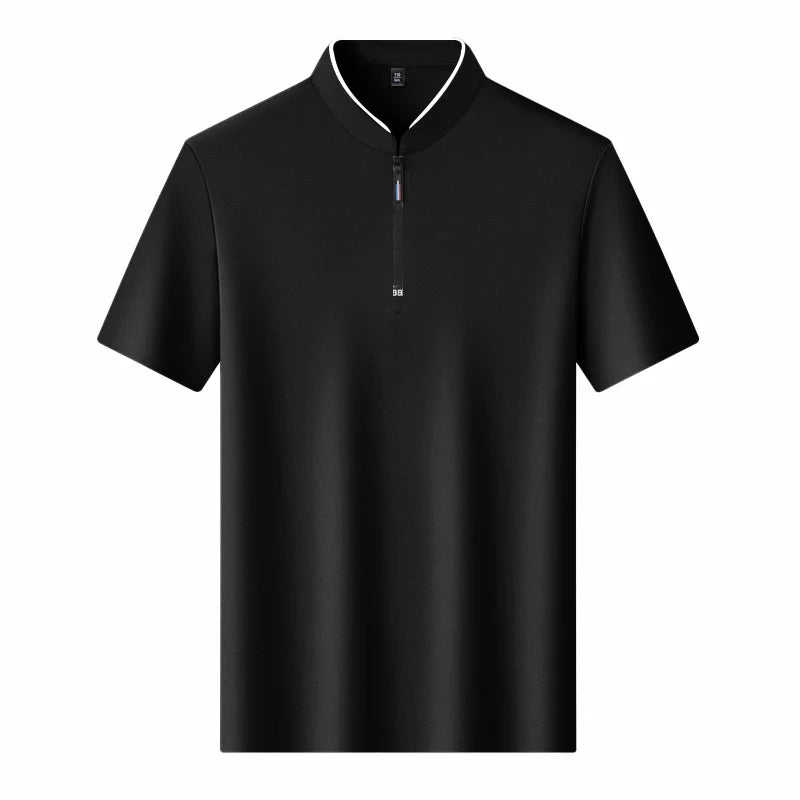 2025 New Men's Casual Fashion Zipper Solid Color Short Sleeved Polo Shirt Stand Up Collar Versatile Comfortable Top