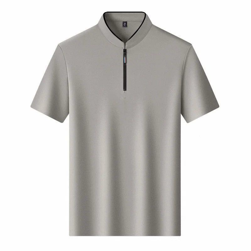 2025 New Men's Casual Fashion Zipper Solid Color Short Sleeved Polo Shirt Stand Up Collar Versatile Comfortable Top