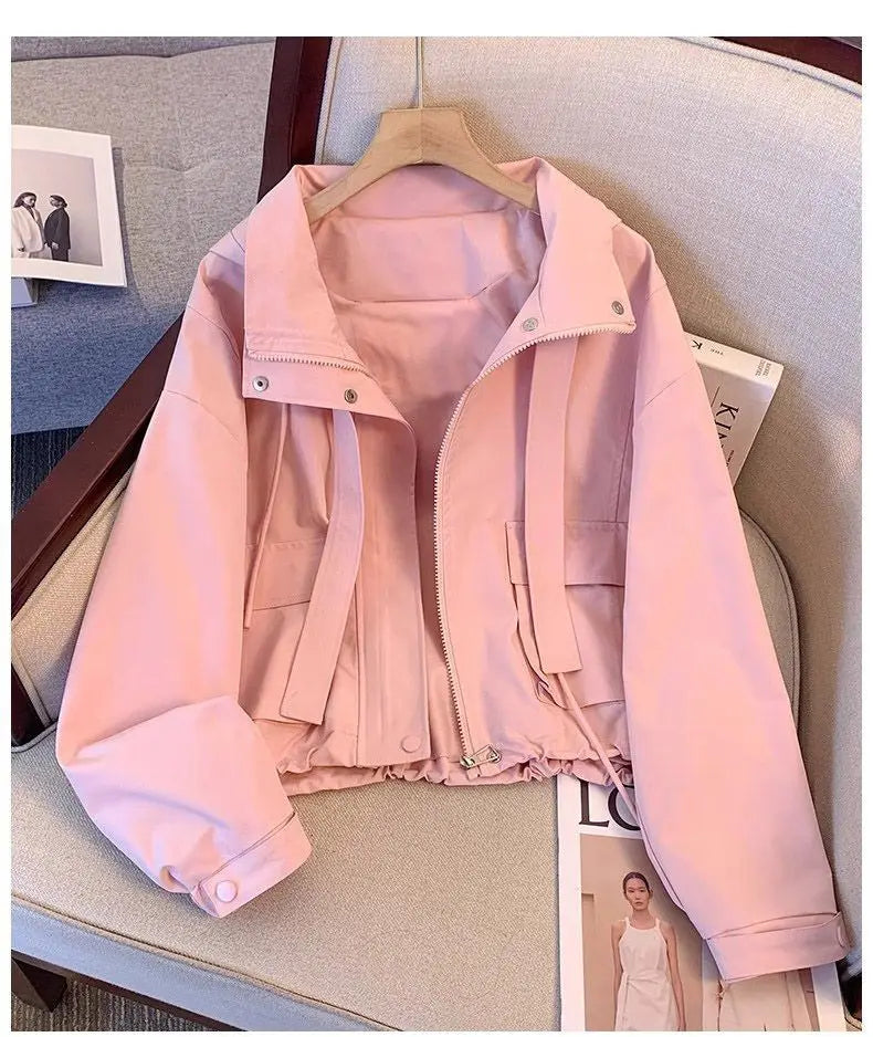 Short Hooded Jacket Women's Spring Autumn 2026 New Lady Loose Thin Work Jacket Top Solid Casual Student Zipper Outwear
