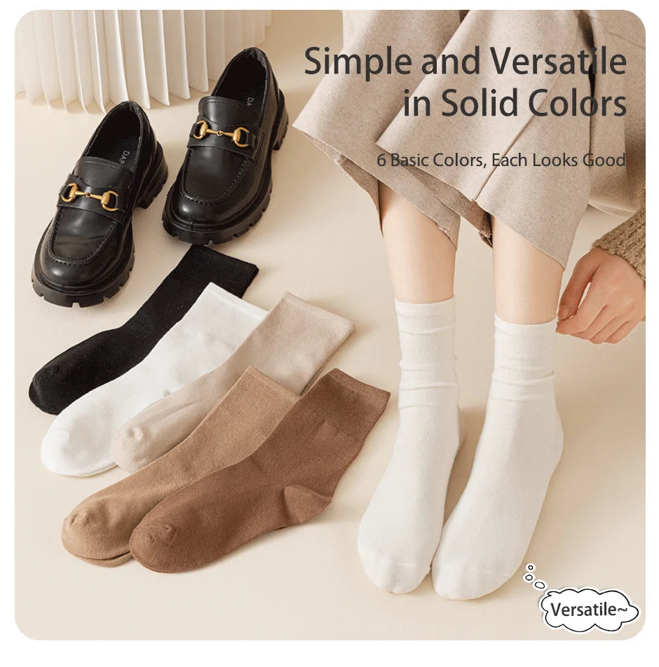 6 Pairs of Women Is Spring Or Summer Solid Colors Simple and Comfortable Mid Tube Socks Khaki Gradient Color