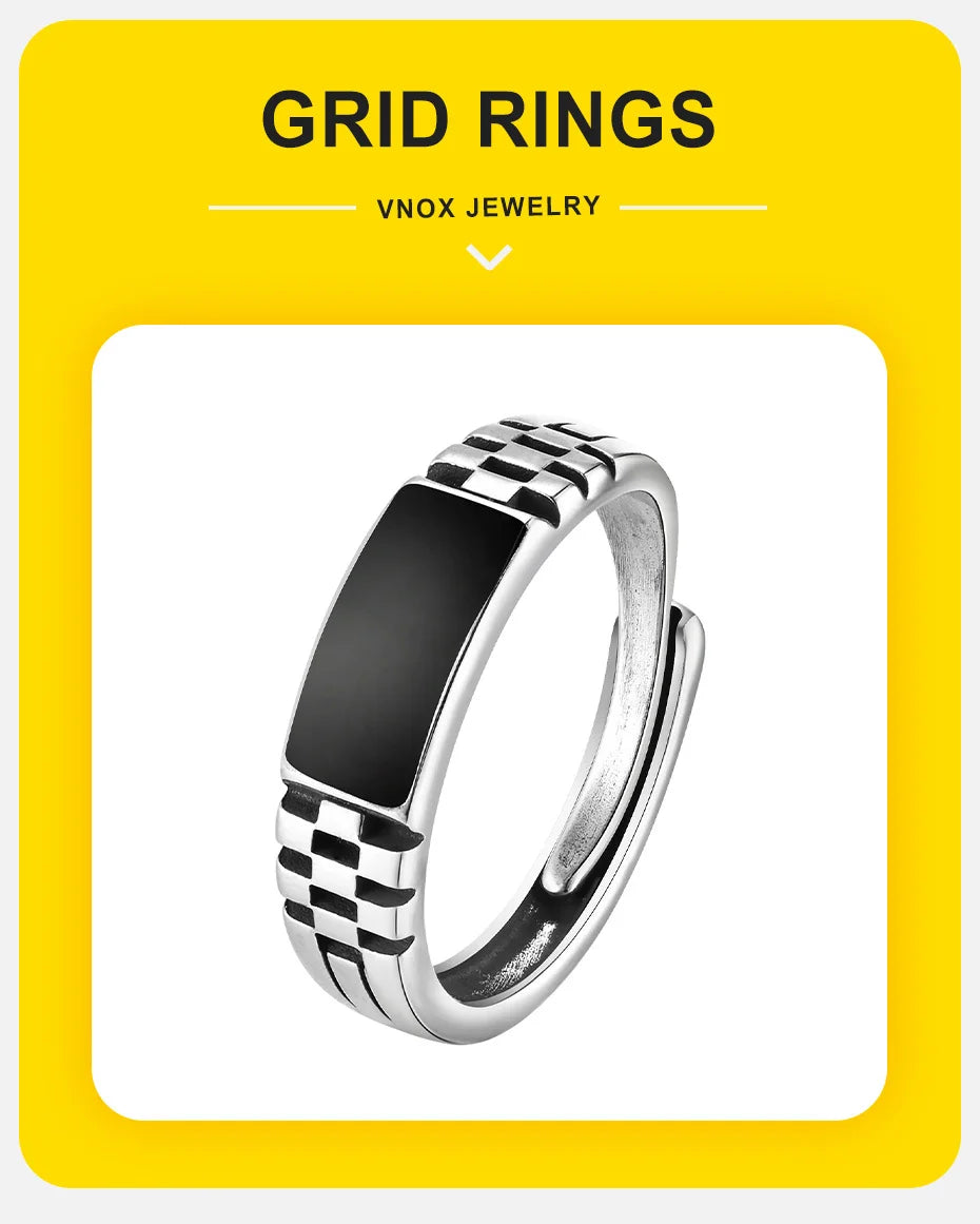 Vnox Mens Open Rings, Black Enamel Signet Ring, Watch Band Grooved Finger Band, Adjustable Jewelry