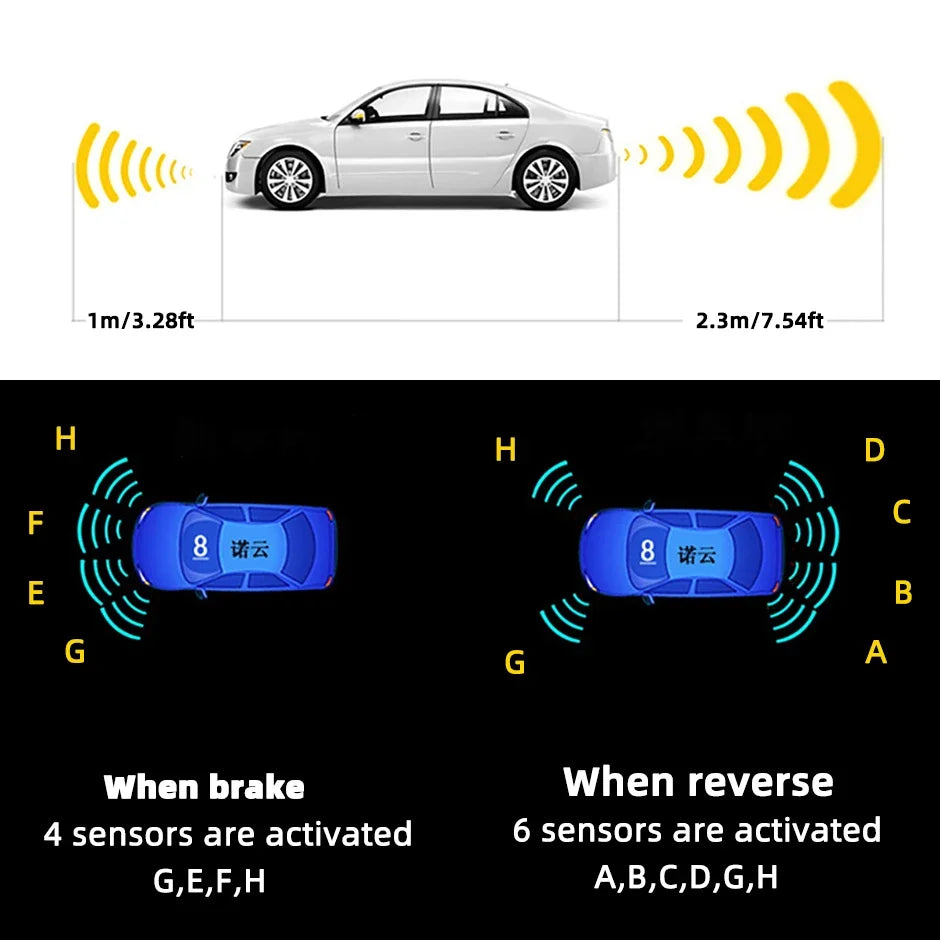8 Parktronic Parking Sensors Kit Reversing Front and Rear Car Backup Radar Detector Backing Assistance Sound Aler AID