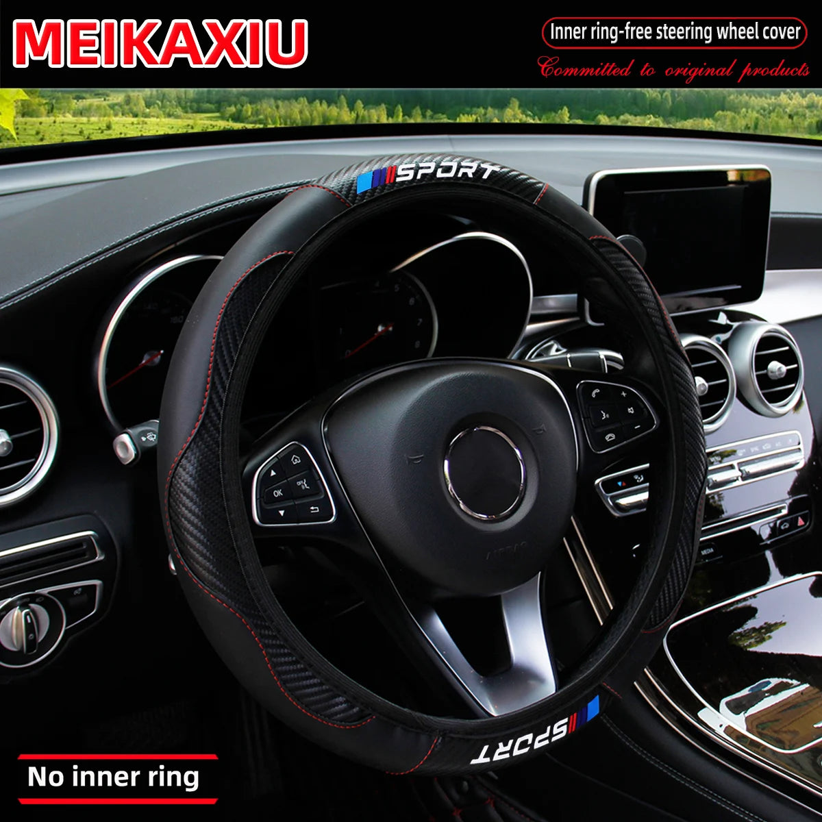 Carbon Fiber Leather Sport Steering Wheel Cover Rimless Universal Fit for 14.5-15 Inch Car Steering Wheels Decorative Accessory