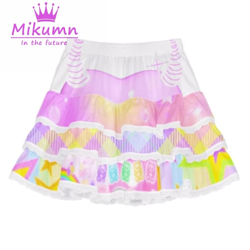 Harajuku Y2K White Blue Purple Lace Cake Skirt Womem Japanese Elastic Waist Pleated Skirt Ball Gown Kawaii Lolita Mini Skirt