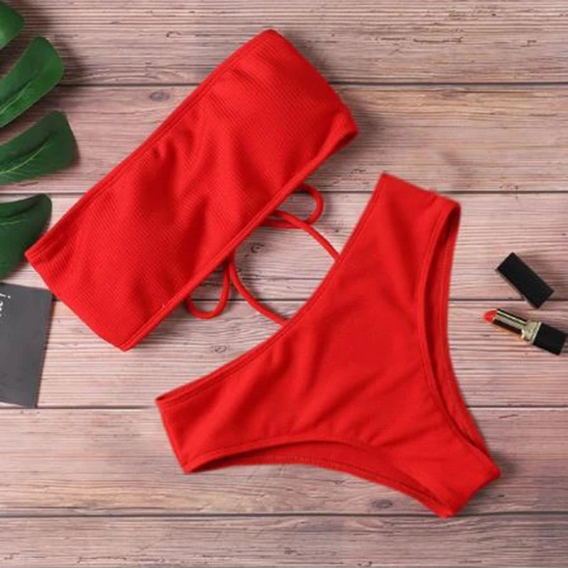New Bikini High Waist Strapless Sexy Bikini Women Swimwear Women  Fashion Swimsuit Padded Bathing Suit Monokin Pure Color