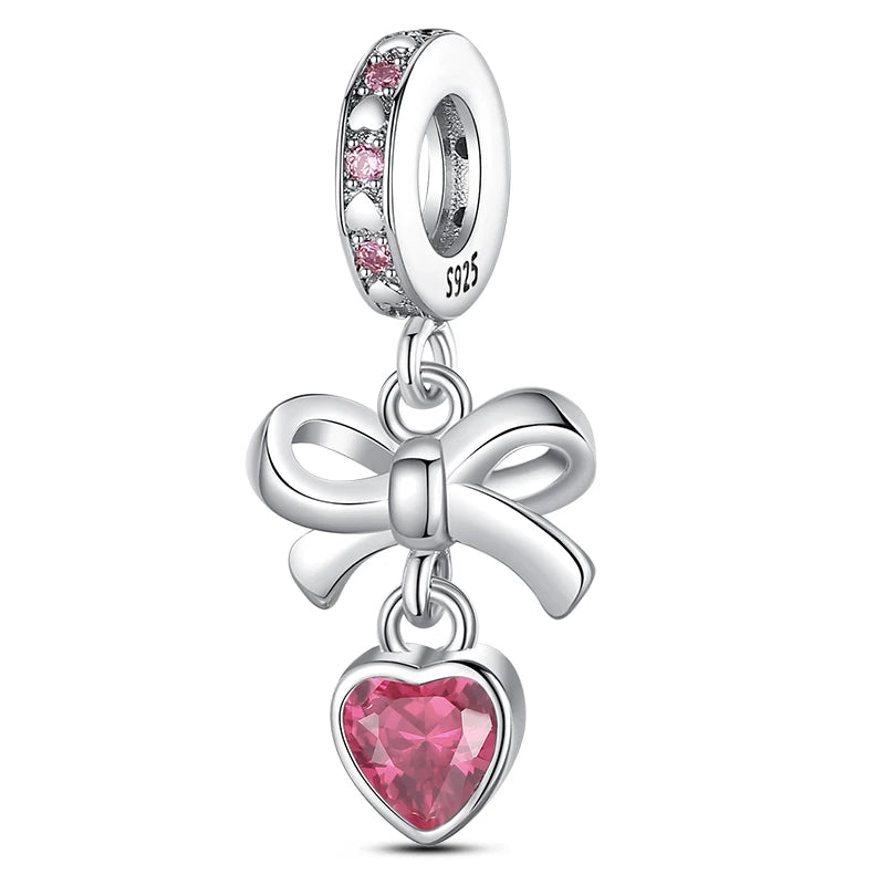 Silver Bow Charms 925 Sterling Silver Pink Heart-shaped Bow Pendants Charms Beads Fit Original S925 Bangle Bracelets DIY Jewelry