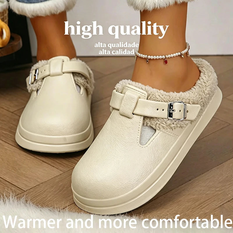 Waterproof Eva Furry Mules Slippers Women 2025 Winter Metal Buckle Warm Plush Slippers Soft Thick Bottom Non Slip Indoor Slides