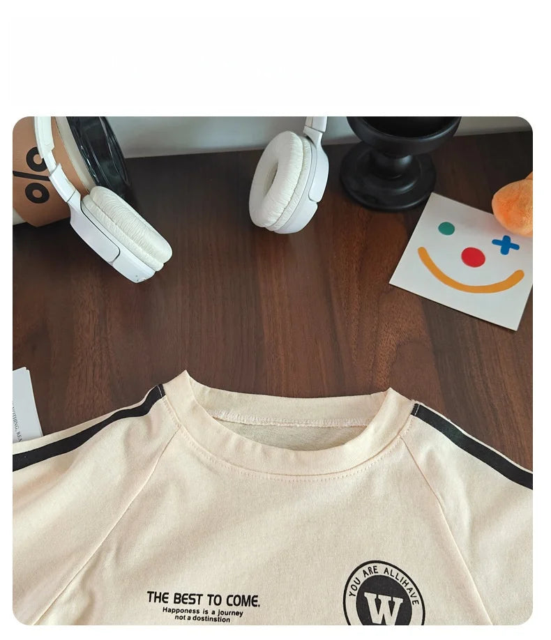 2026 New Summer Sporty Style Children Sets Letter Pattern Tee+Striped Shorts 2Pcs Clothes Short Sleeve Cotton Boys Girls Suit