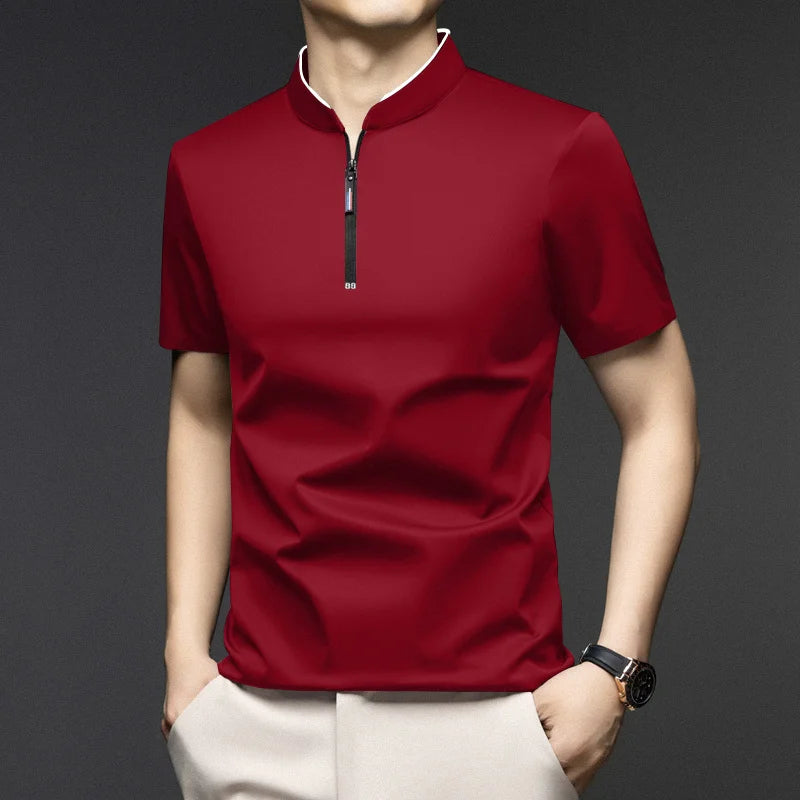 2025 New Men's Casual Fashion Zipper Solid Color Short Sleeved Polo Shirt Stand Up Collar Versatile Comfortable Top