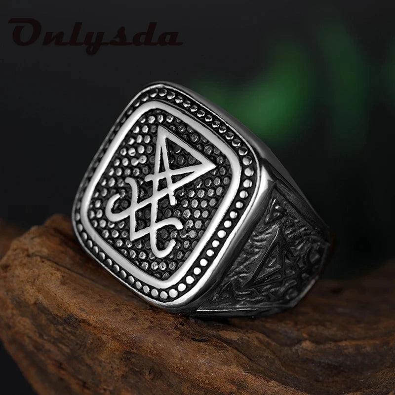 Vintage Gothic Lucifer Seal of Satan Signet Rings Punk Stainless Steel Seal Rings With Black Stone Pagan Jewelry Party Man Gift