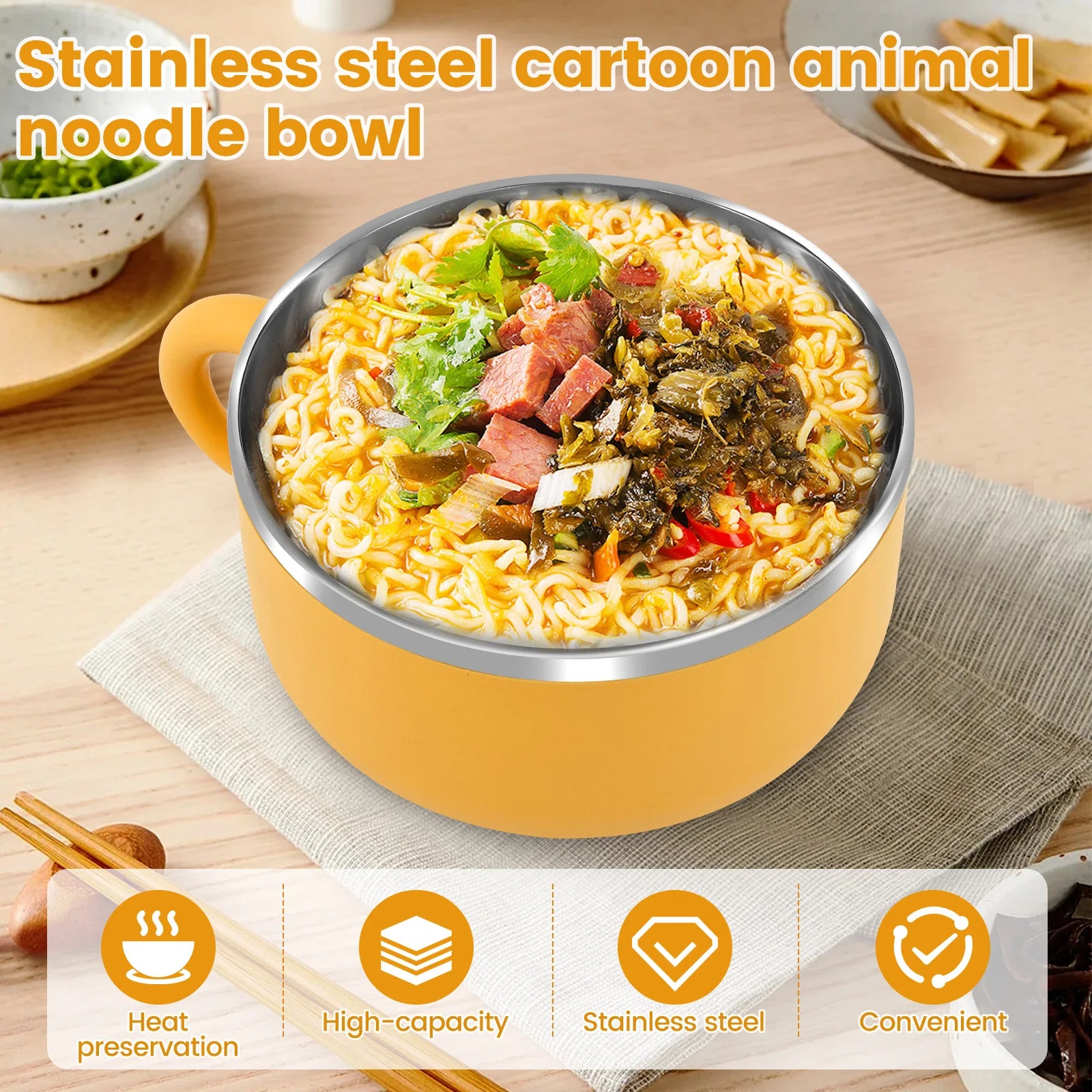 1200ml Ramen Bowl Insulated Bowls Stainless Steel Ramen Bowls With Lid Fruit Salad Rice Soup Bowl Students Large Lunch Box