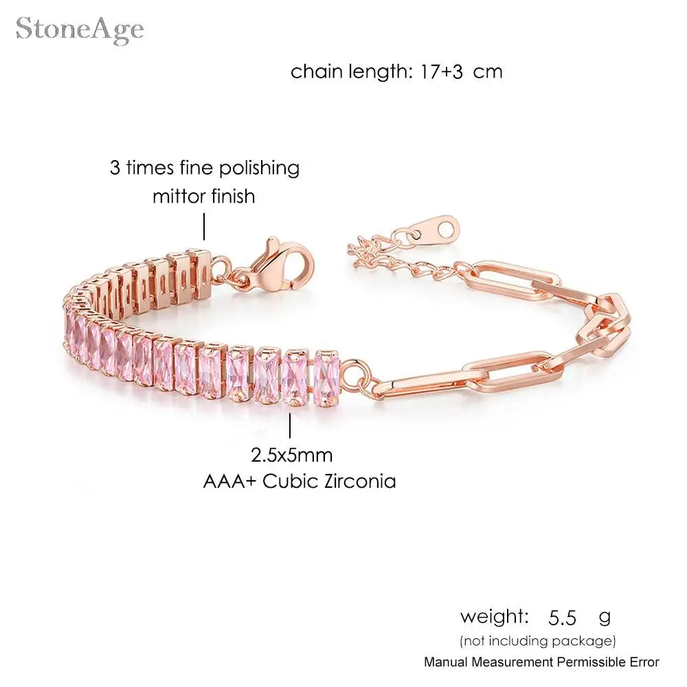Pink Crystal Tennis Bracelets for Women Female Trend Romantic Shiny Zirconia Adjustable Folding Buckle Chain on Hand Jewelry