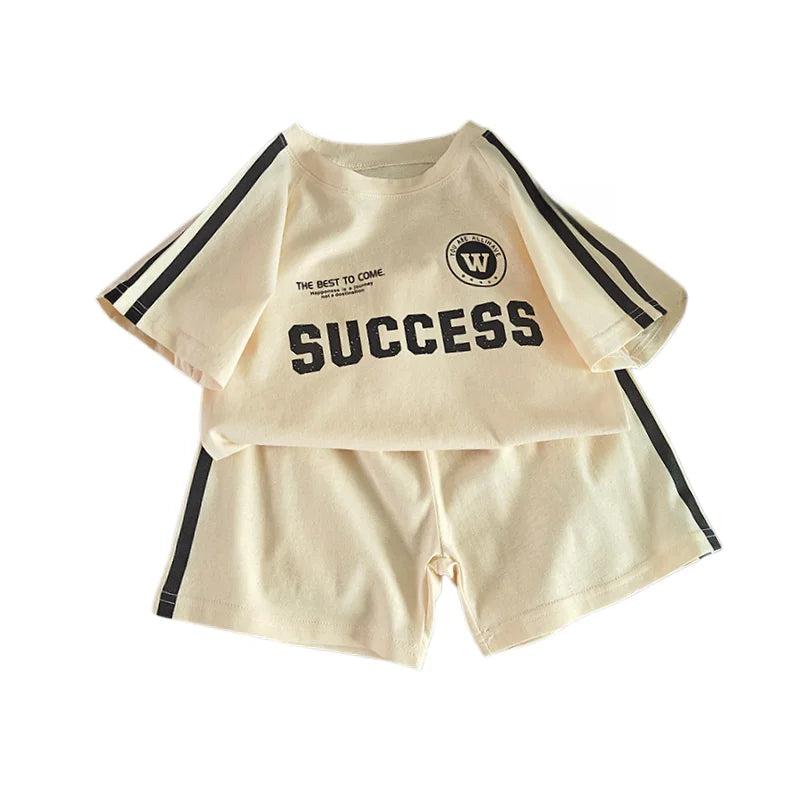 2026 New Summer Sporty Style Children Sets Letter Pattern Tee+Striped Shorts 2Pcs Clothes Short Sleeve Cotton Boys Girls Suit
