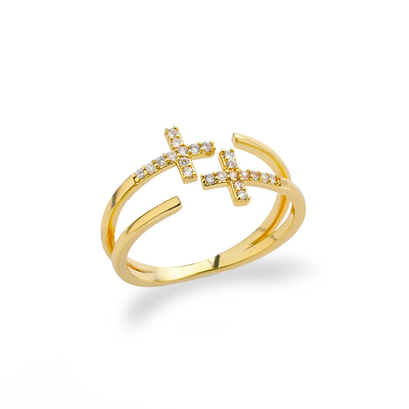 Fashion Chain Hollow Out Rings For Women Gold Color Stainless Steel Zircon Cross Open Ring Trendy Wedding Aesthetic Jewerly Gift