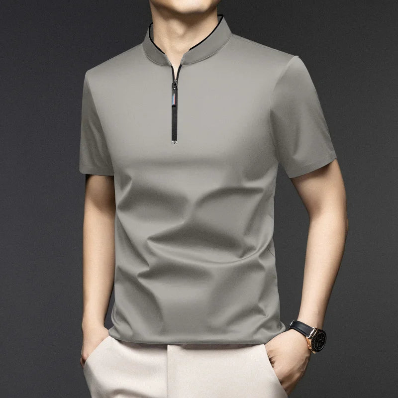 2025 New Men's Casual Fashion Zipper Solid Color Short Sleeved Polo Shirt Stand Up Collar Versatile Comfortable Top