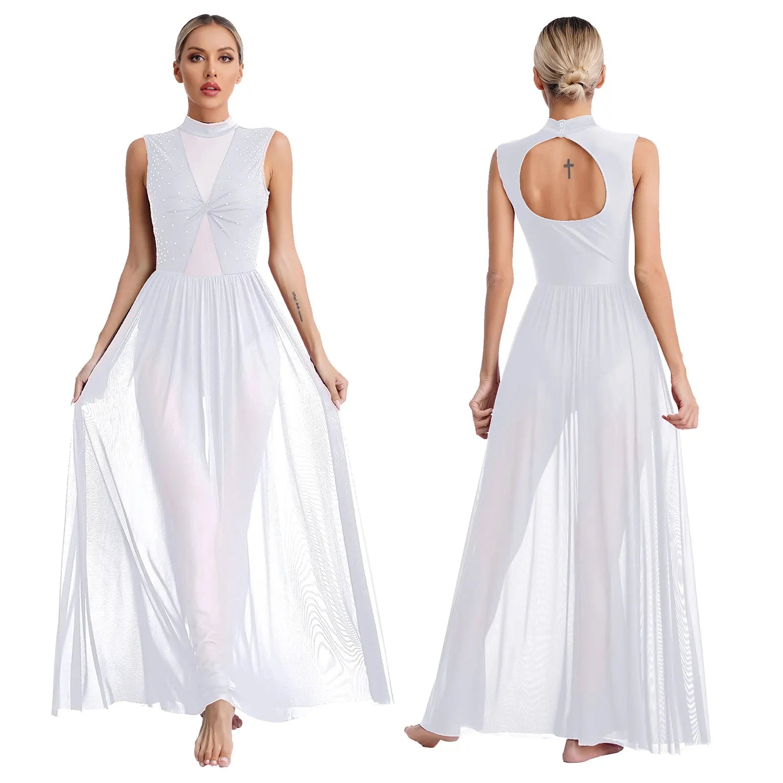Womens Ballet Lyrical Dance Dress Cutout Back Full Length Overlay Leotard Costume Latin Rumba Tango Maxi Dress Long Dancewear