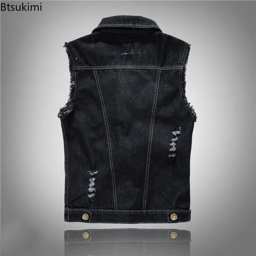 2025 Men's Fashion Jeans Sleeveless Jacket Vest Male Black Blue Denim Jeans Vest  Man Cowboy Outdoors Waistcoat Mens Jacket Vest