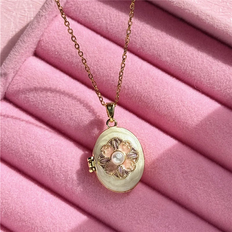 HangZhi Enamel Romantic Pink White Pearl Flower Oval Photo Frame Locket Necklace Vintage Keepsake Jewelry Gift for Women