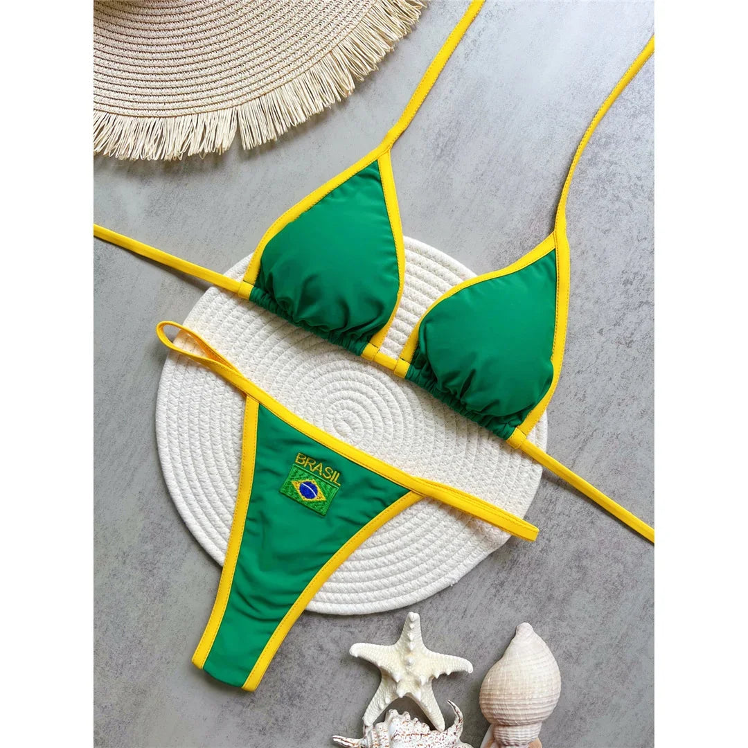 2027 Fashion Brazilian Flag Women Two Piece Bikini Set G String Thong Swimwear Sexy Beach Pool Vacation Swimsuit for Female