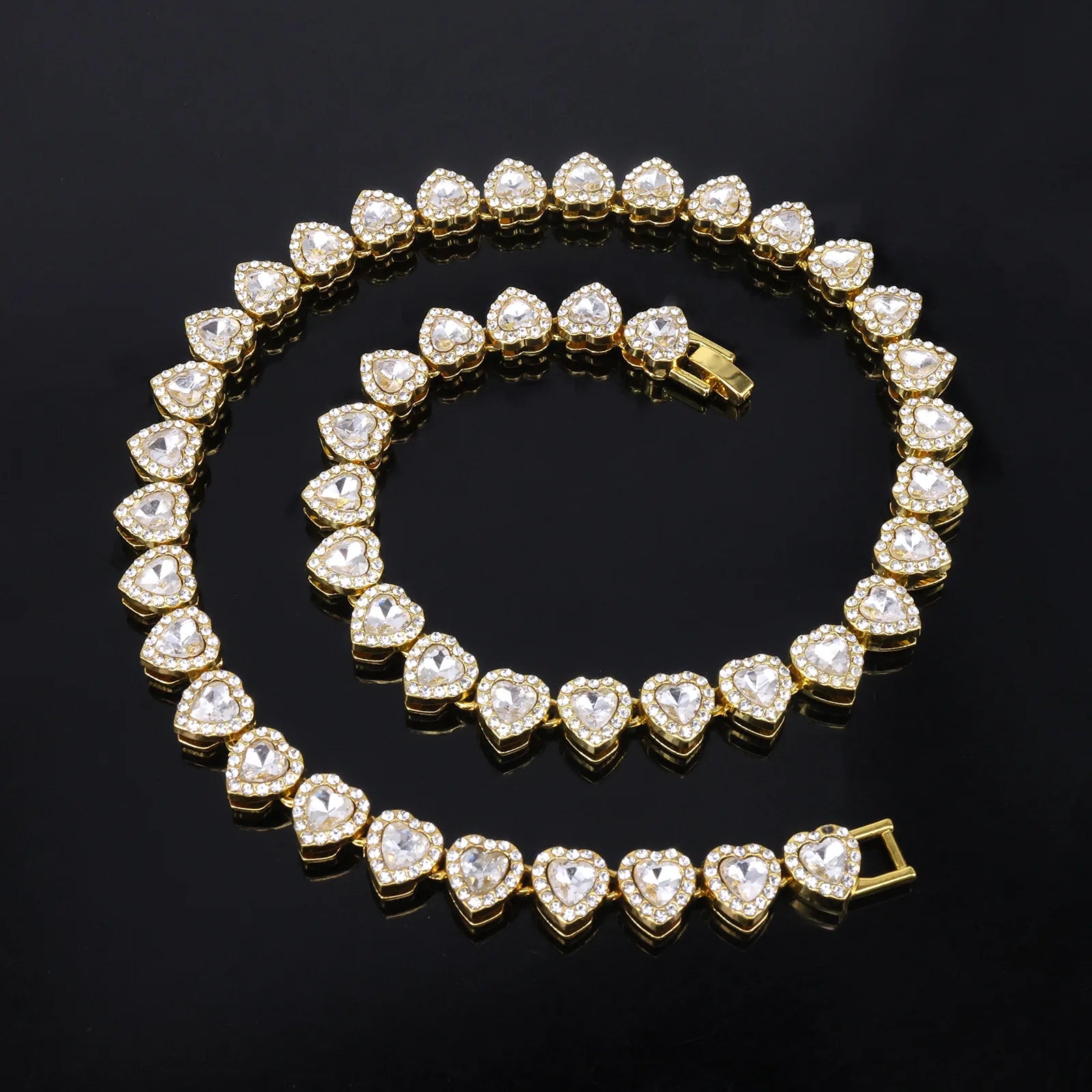 Yupsk 45CM/20CM Shiny Heart Rhinestone Hip Hop Rock Tennis Chain Bracelet Necklace for Women Men Trendy Jewelry Set Gift