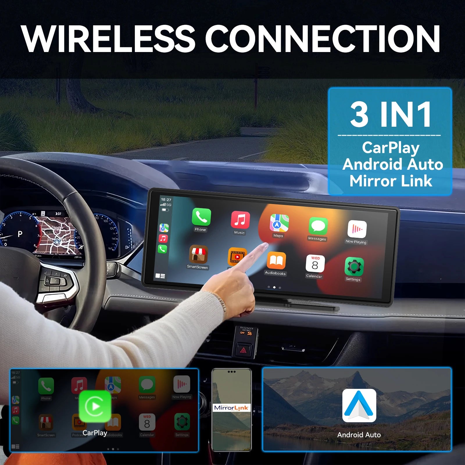 Universal Portable Wireless Carplay Screen for Car with Android Auto Touchscreen Car Stereo System