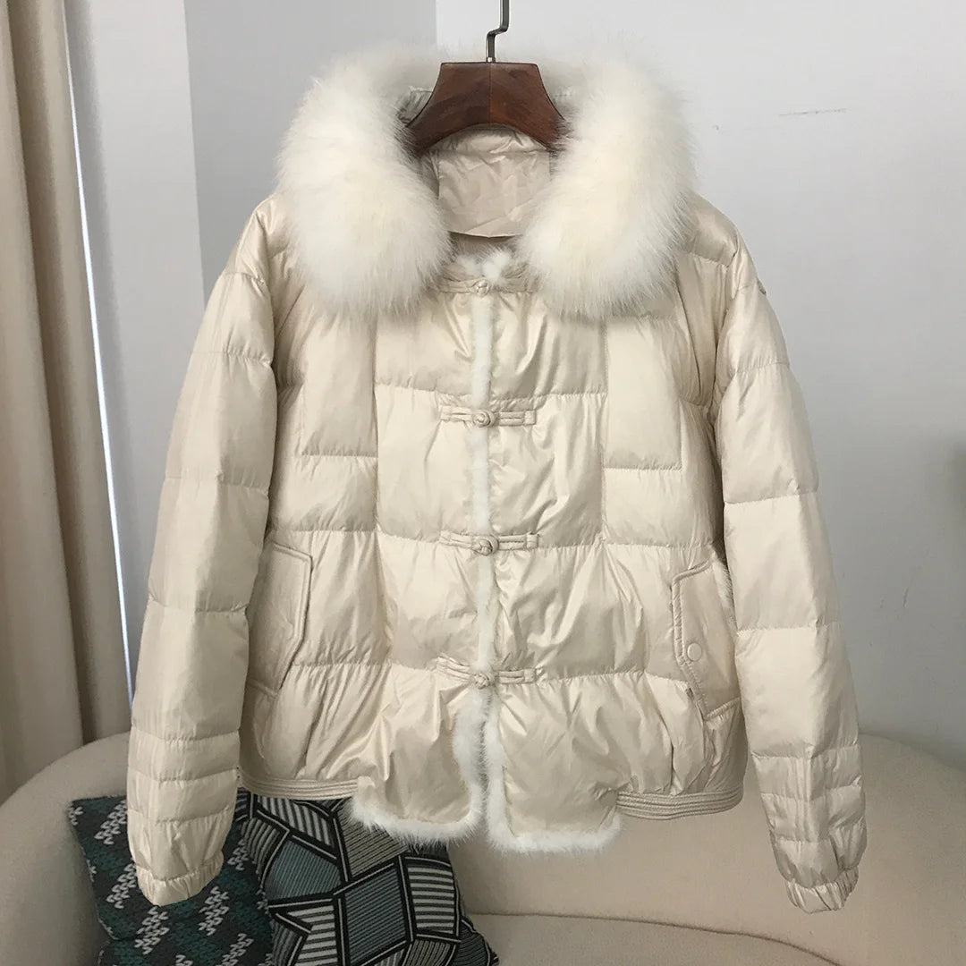 Real Fox Mink Fur Collar Coat Winter Women White Duck Down Jacket Ladies Short Warm Puffer Female Loose Vintage Parka Outerwear