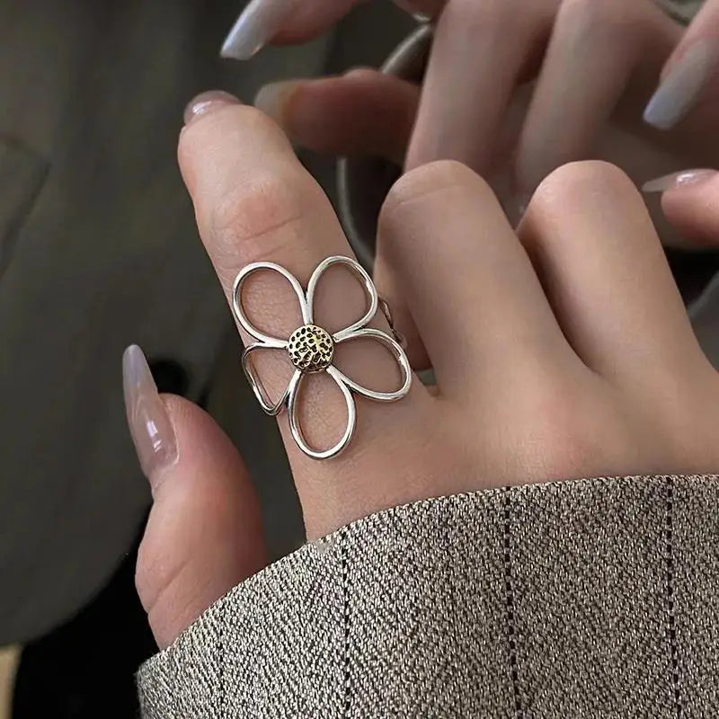 925 Sterling Silver Metal Flower Shell Geometric Rings For Women French Retro Romantic Open Thai