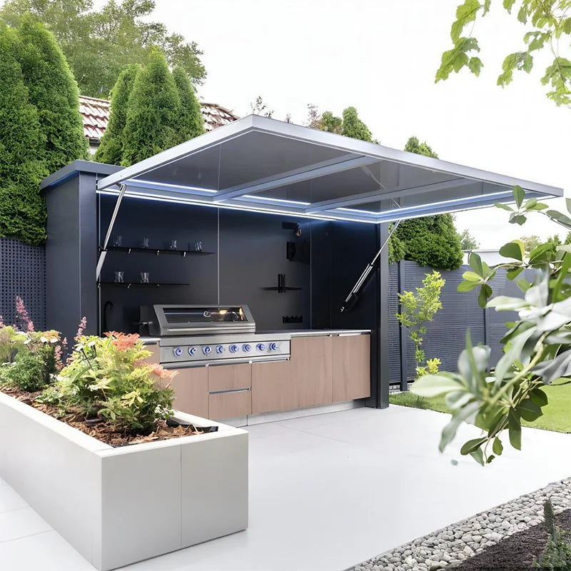 Customized outdoor kitchen in black appearance, affordable cost and stainless steel canopy included