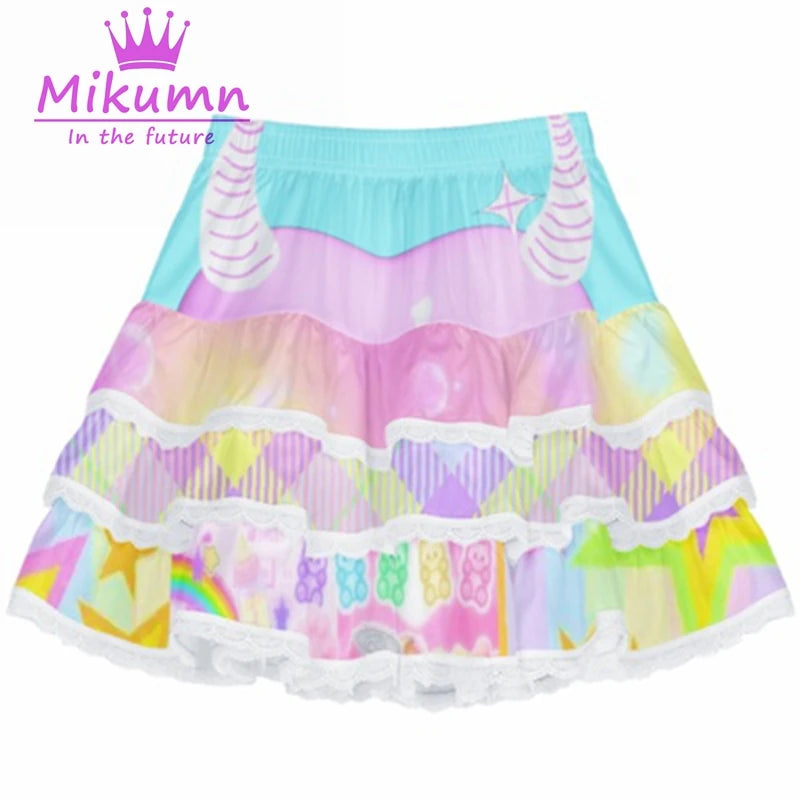 Harajuku Y2K White Blue Purple Lace Cake Skirt Womem Japanese Elastic Waist Pleated Skirt Ball Gown Kawaii Lolita Mini Skirt