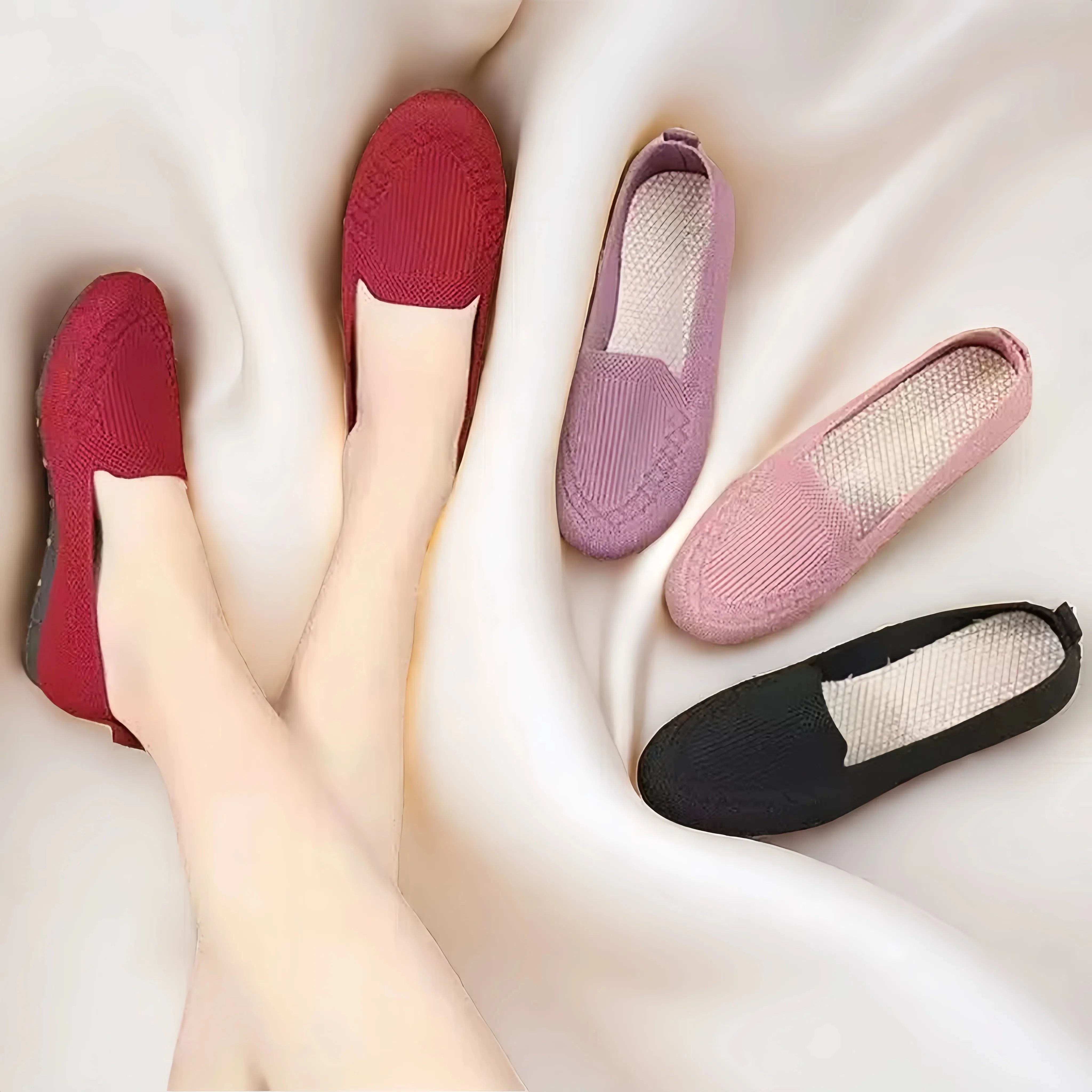 Women's Solid Color Knit Loafers Lightweight Anti Slip Flat Shoes for Casual Wear