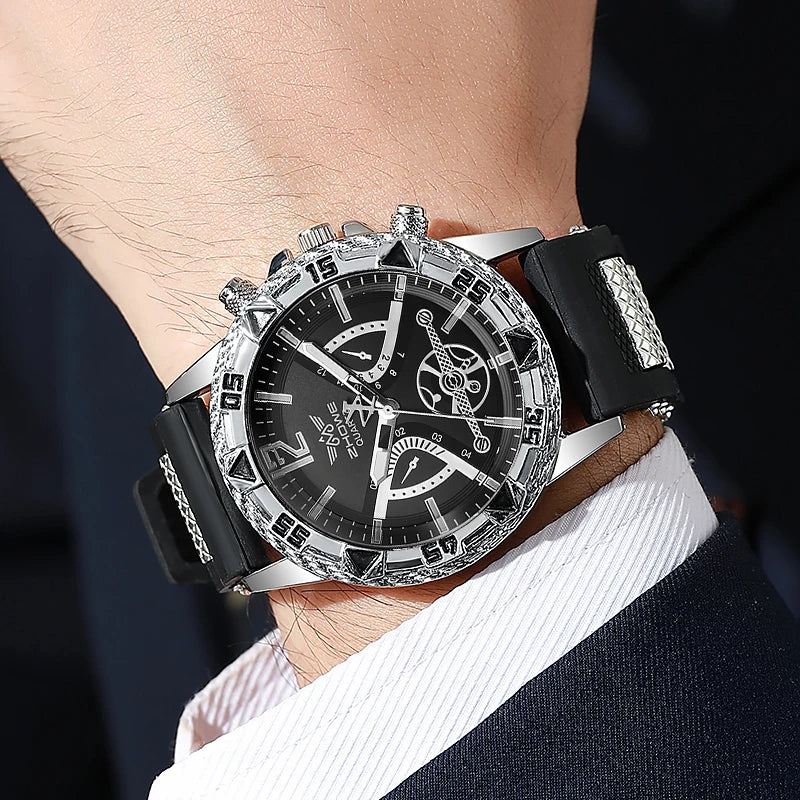 4PCS Fashion Arabic Dial Men Business Quartz Watch CasuSilicone Strap Wristwatch With Necklace Set Reloj Hombre (Without Box)