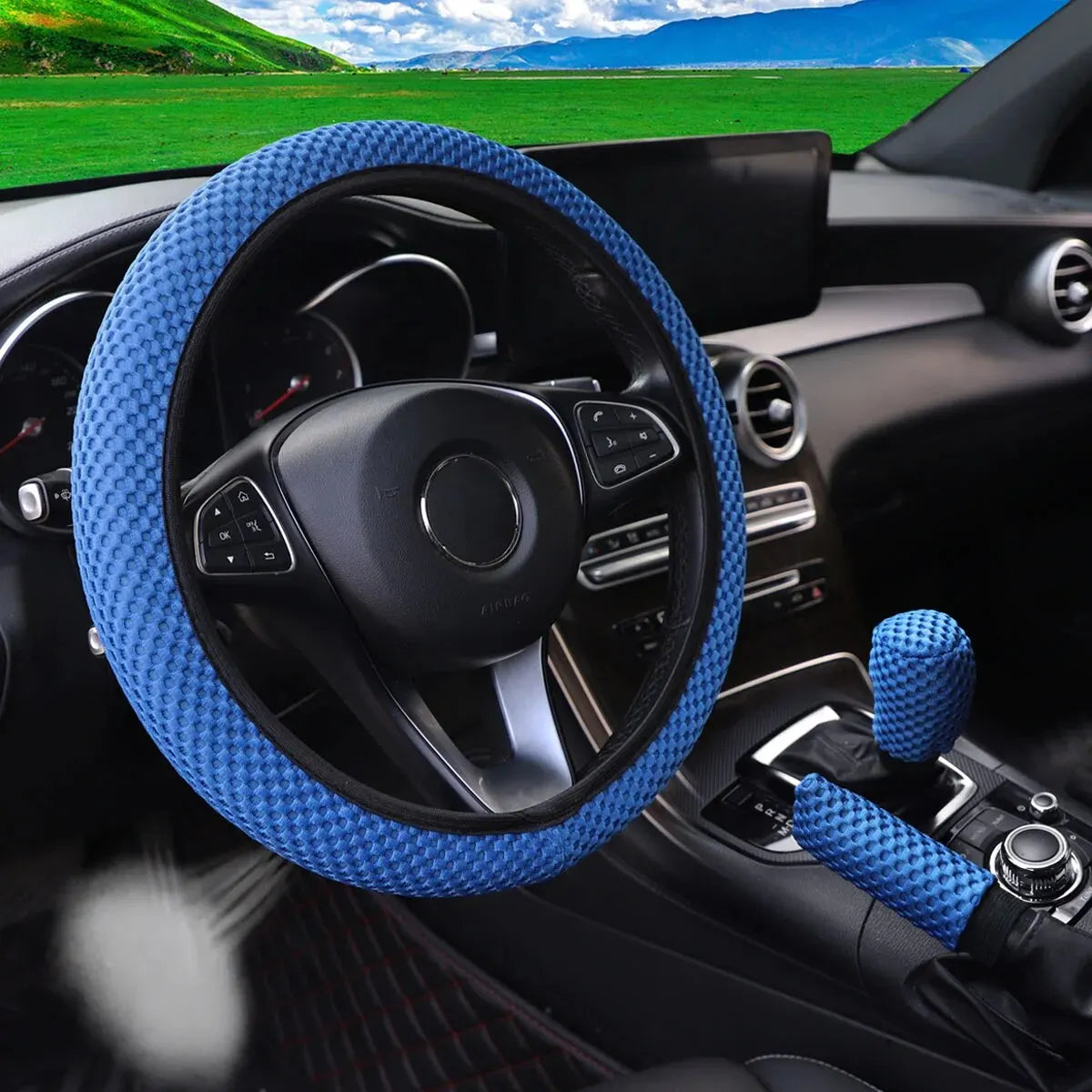 3 Car Massage Mesh Cloth Steering Wheel Cover Handbrake & Handle Cover Set Breathable No Inner Ring for 14.5-15 Inch Accessories