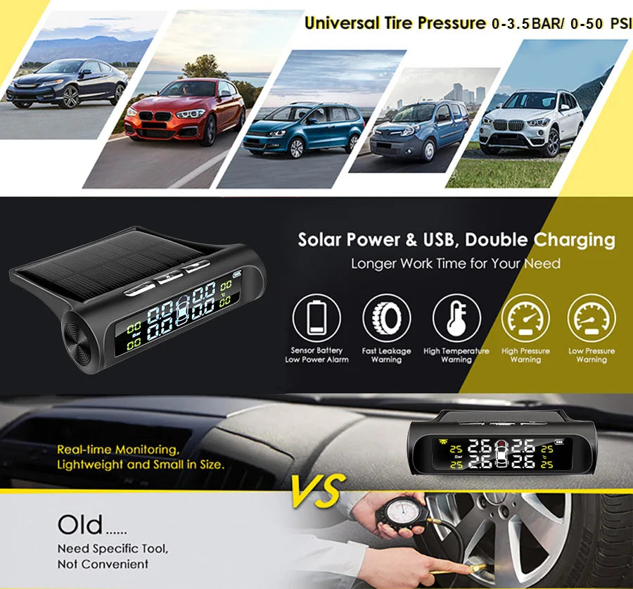 E-ACE K01 TPMS solar sensor intelligence  Wireless Tire Pressure Monitoring System  Auto Security Alarm Device With 4 sensors