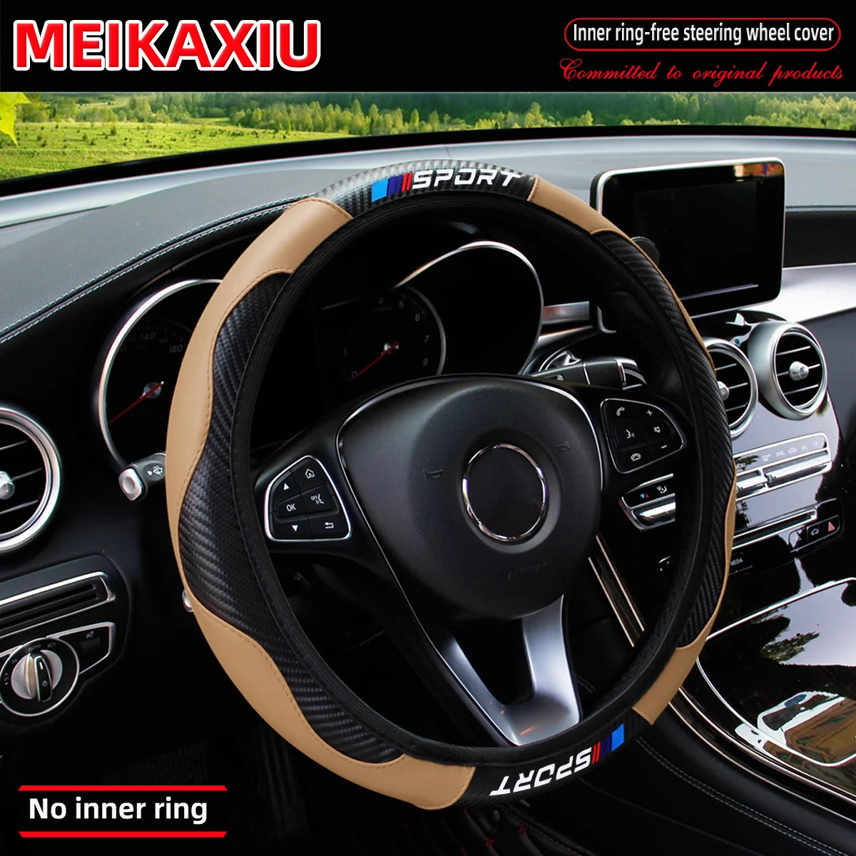 Carbon Fiber Leather Sport Steering Wheel Cover Rimless Universal Fit for 14.5-15 Inch Car Steering Wheels Decorative Accessory