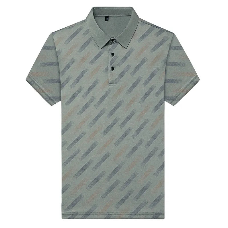 Men's Fashion Polo Shirt Short Sleeve Lapel Collar Diagonal Striped Print Casual Business Golf Tops