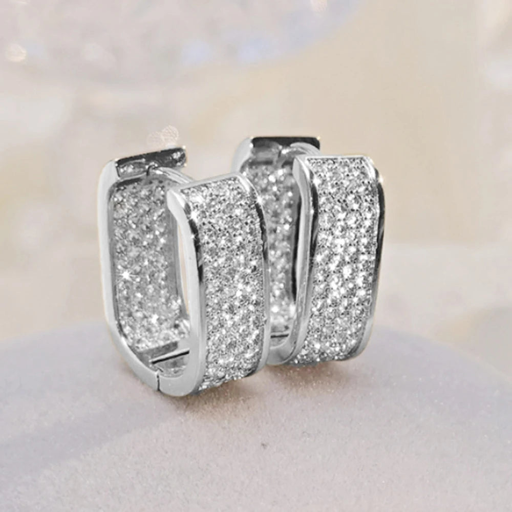 Huitan Korean Fashion Paved CZ Hoop Earrings for Women Metal Silver Color/Gold Color Simple Versatile Earrings Hot Jewelry