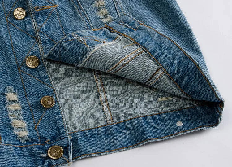 Men Denim Vests Jackets Waistcoats Light Blue Ripped Denim Coats Vests New Fashion Male Cotton Slim Black Jeans Waistcoats 6XL