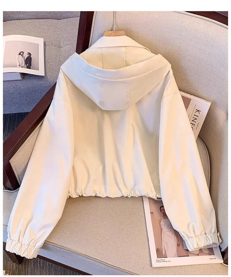 Short Hooded Jacket Women's Spring Autumn 2026 New Lady Loose Thin Work Jacket Top Solid Casual Student Zipper Outwear