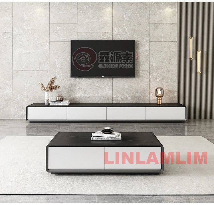 Modern White Living Room Furniture Set, Coffee Table and TV Stand with Storage Cabinets, Contemporary Entertainment Center Set