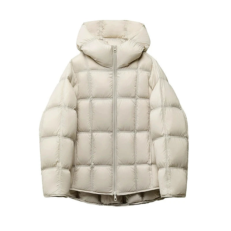 Schinteon Women Light White Down Jacket with Hood Loose Over Size Casual Autumn Winter Outwear Square Warm Short Coat 2026 New